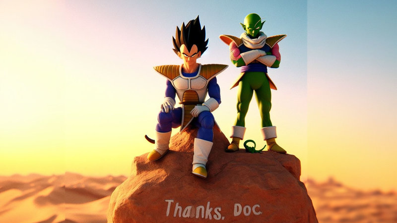 Bing Image Creator example depicting Vegeta and piccolo from dragon ball on top of a rock.