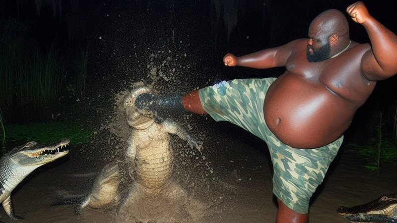 Alligator Kick meme depicting a large black man in camo shorts kicking an alligator in the jaw in a dark swamp at night.