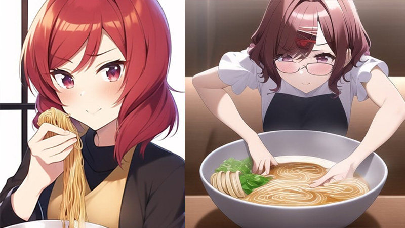 Two AI drawings of anime girls eating ramen.