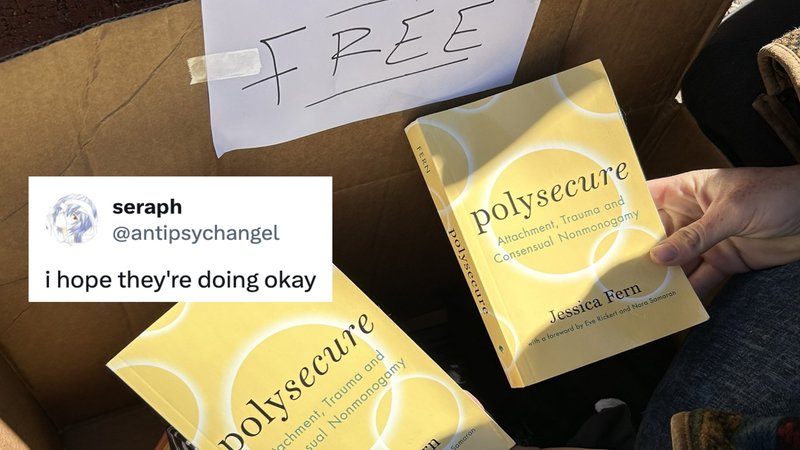 An image showing two copies of the book polysecure in the trash with a sign that reads "free."