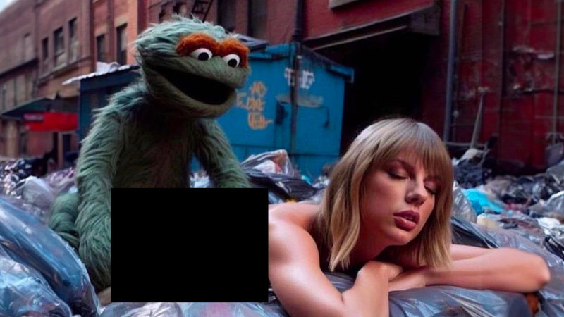 Oscar the Grouch Taylor Swift AI Image depicting the sesame street character engaged in an explicit act with the pop star on a pile of trash.