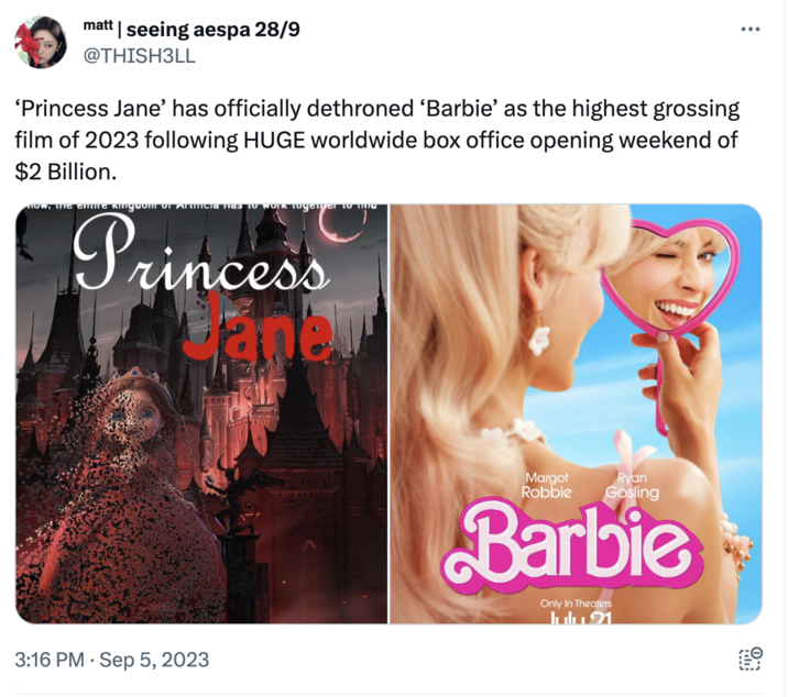 matt | seeing aespa 28/9 @THISH3LL 'Princess Jane' has officially dethroned 'Barbie' as the highest grossing film of 2023 following HUGE worldwide box office opening weekend of $2 Billion. Now, the entire Kingdom Of Artificia Nas To Work Together to ma C Princess 3:16 PM. Sep 5, 2023 Margot Robbie Barbie Ryan Gosling Only In Theaters Jul 21 : ...