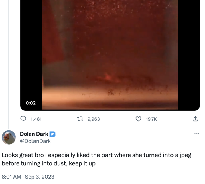 0:02 1,481 Dolan Dark @DolanDark 1 9,963 19.7K Looks great bro i especially liked the part where she turned into a jpeg before turning into dust, keep it up 8:01 AM - Sep 3, 2023 ← : ...